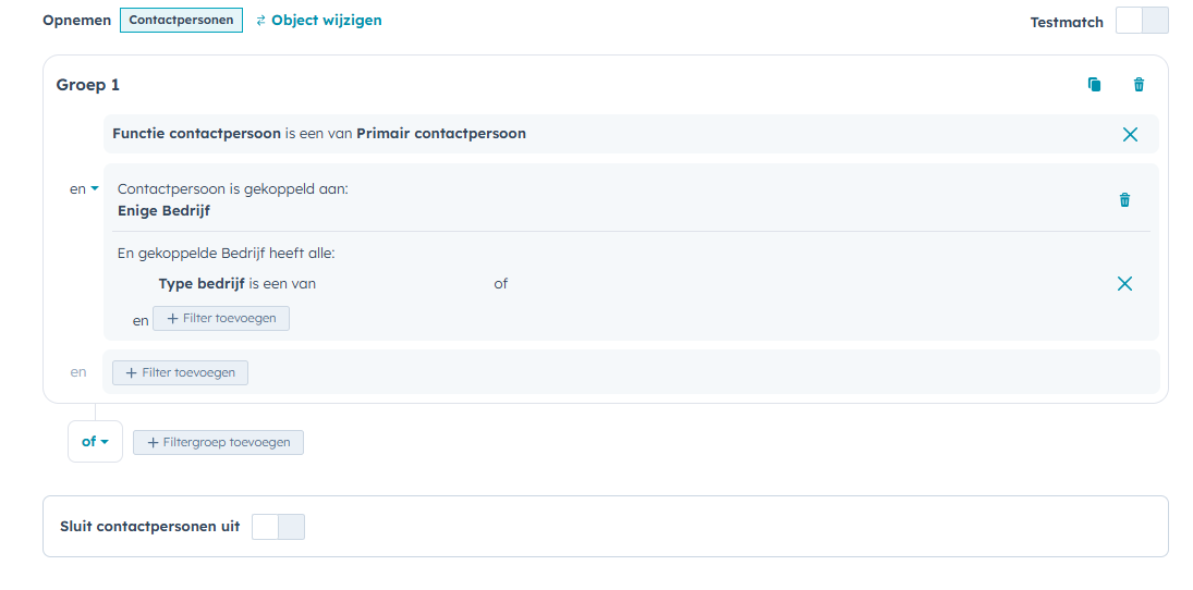 HubSpot segment voor primair contactpersoon per bedrijf Stap 2 het maken van een segment