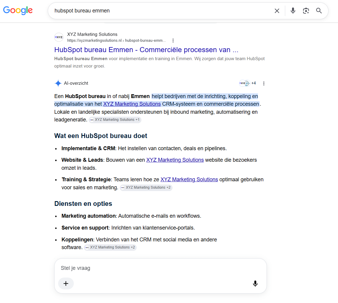 AI Overviews Google met de Zoekterm HubSpot Bureau Emmen AI Overviews die een samenvatting laat zien van mijn diensten voor zoekterm HubSpot bureau Emmen