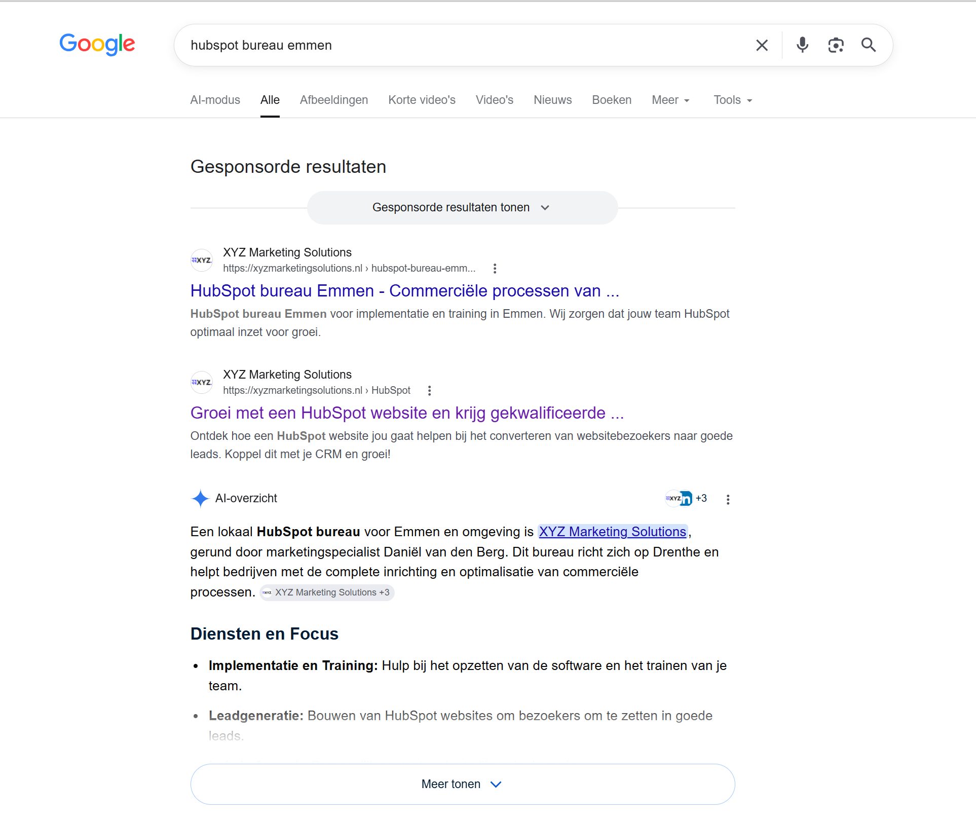 SERP overview van lokale SEO voor zoekterm HubSpot Bureau Emmen
